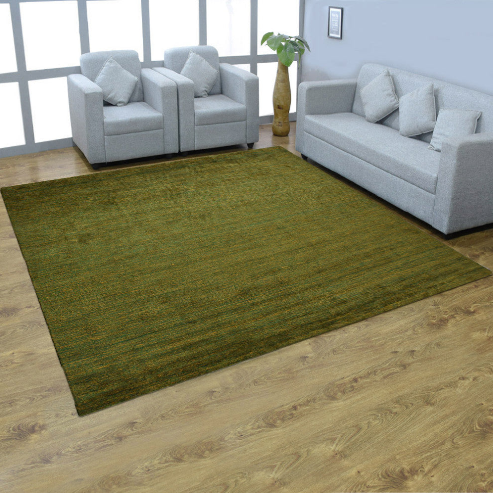 Hand Knotted Loom Silk Mix Area Rug Solid Green Gold