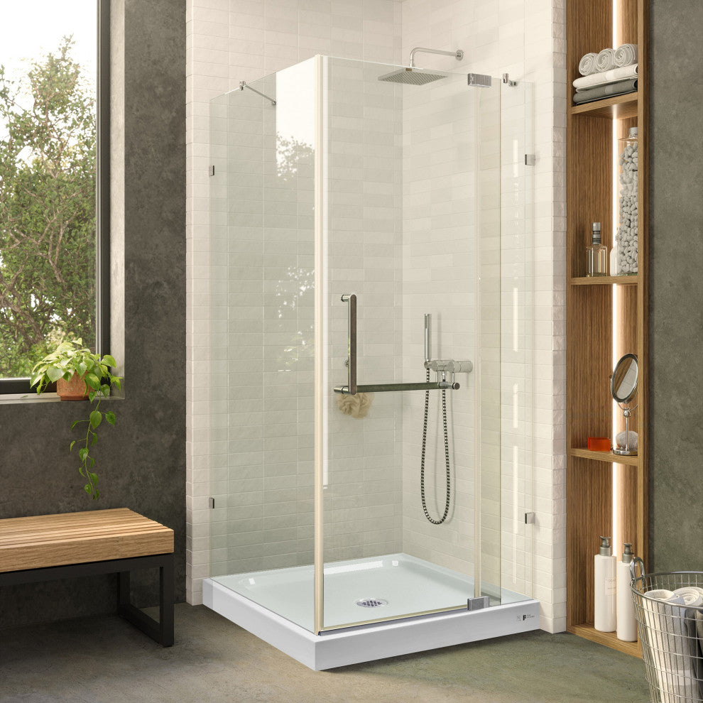 Shower Enclosure Hinged Frameless Tempered Glass, Polished Chrome, 32"