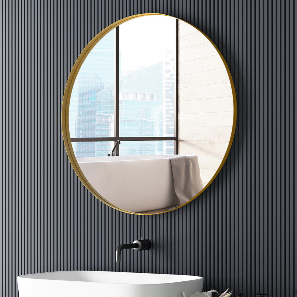 Round Framed Wall Mounted Bathroom Vanity Mirror, Gold, 32x32