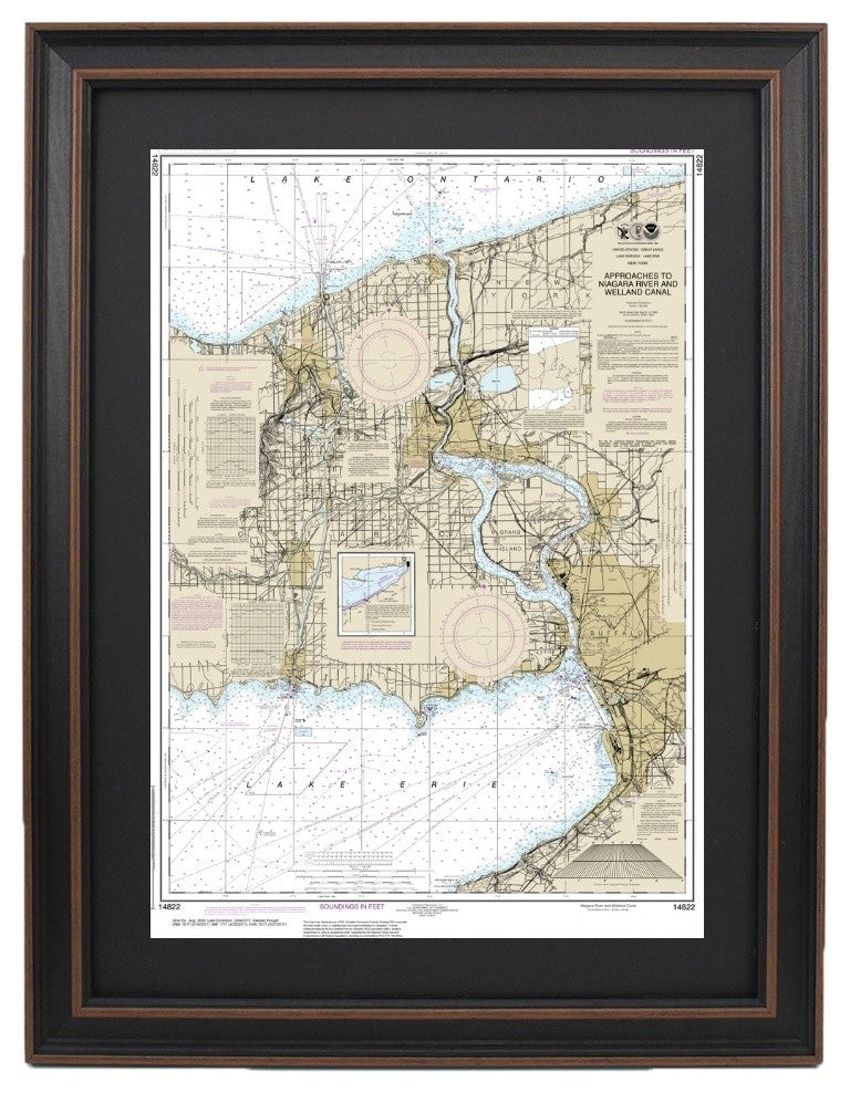 Framed Nautical Chart, Niagara Falls, Lake Erie to Lake Ontario, 24x36