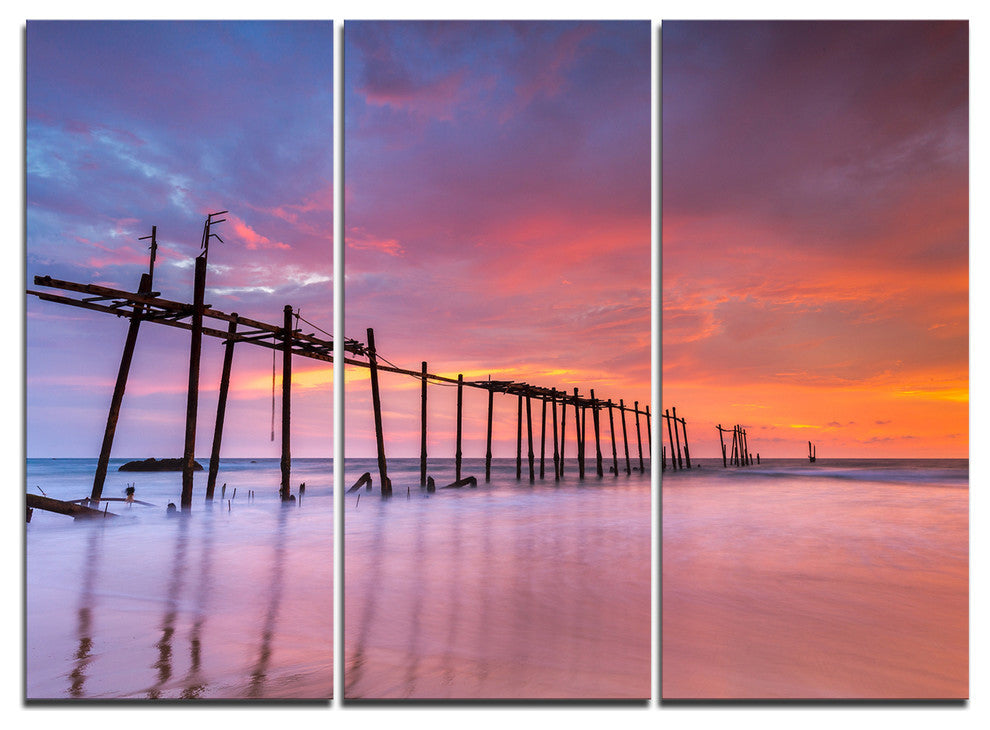 "Abandoned Wooden Pier at Sunset" Sea Pier Metal Wall Art, 3 Panels, 36"x28"