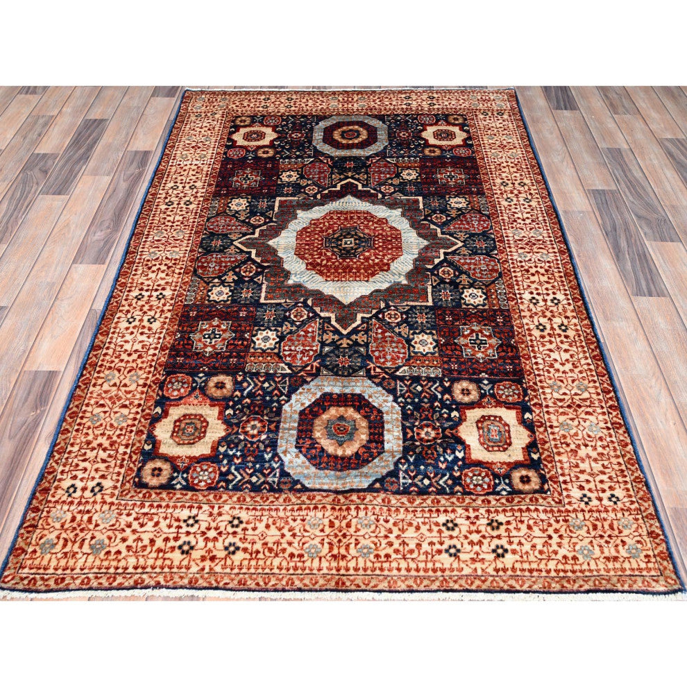 Blue, Hand Knotted, Mamluk Design, Pure Wool, Oriental Rug, 3'10"x6'3"