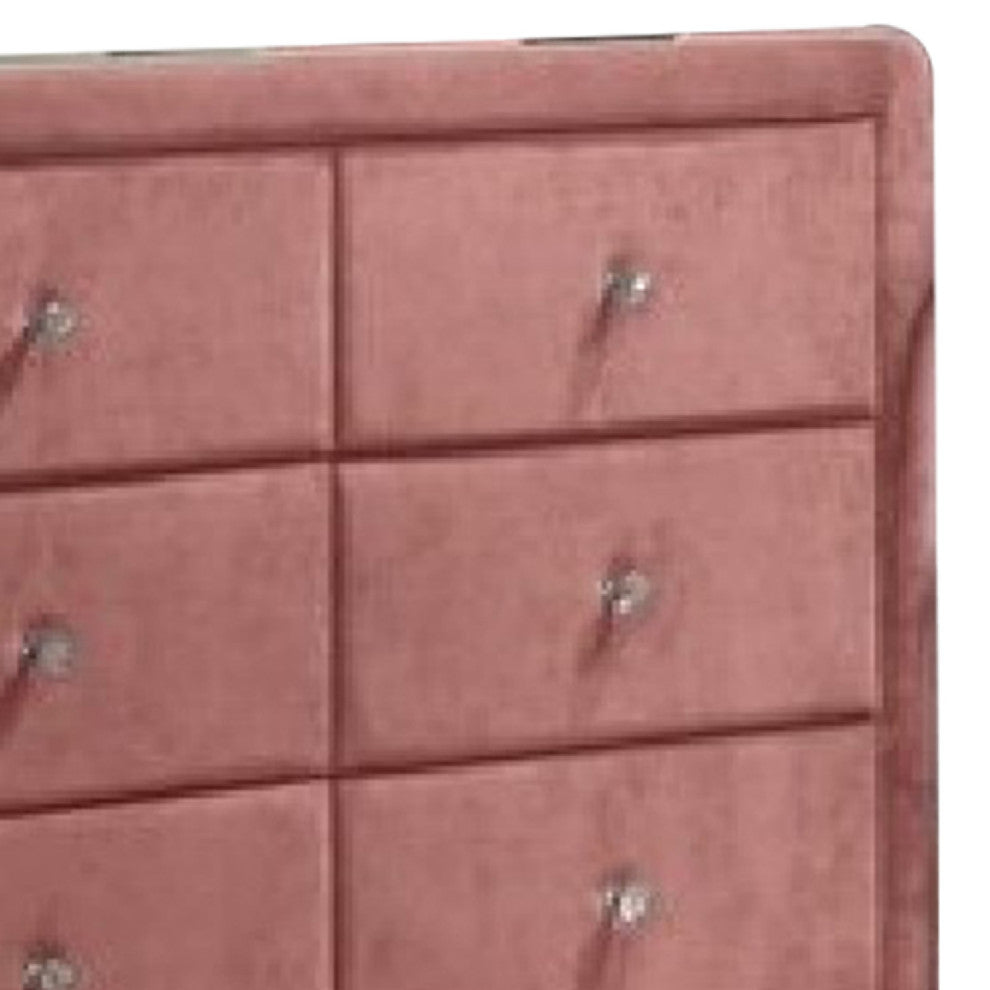 Benzara BM275662 Modern Side Dresser, 6 Drawers, Round Metal Knobs, Velvet, Pink