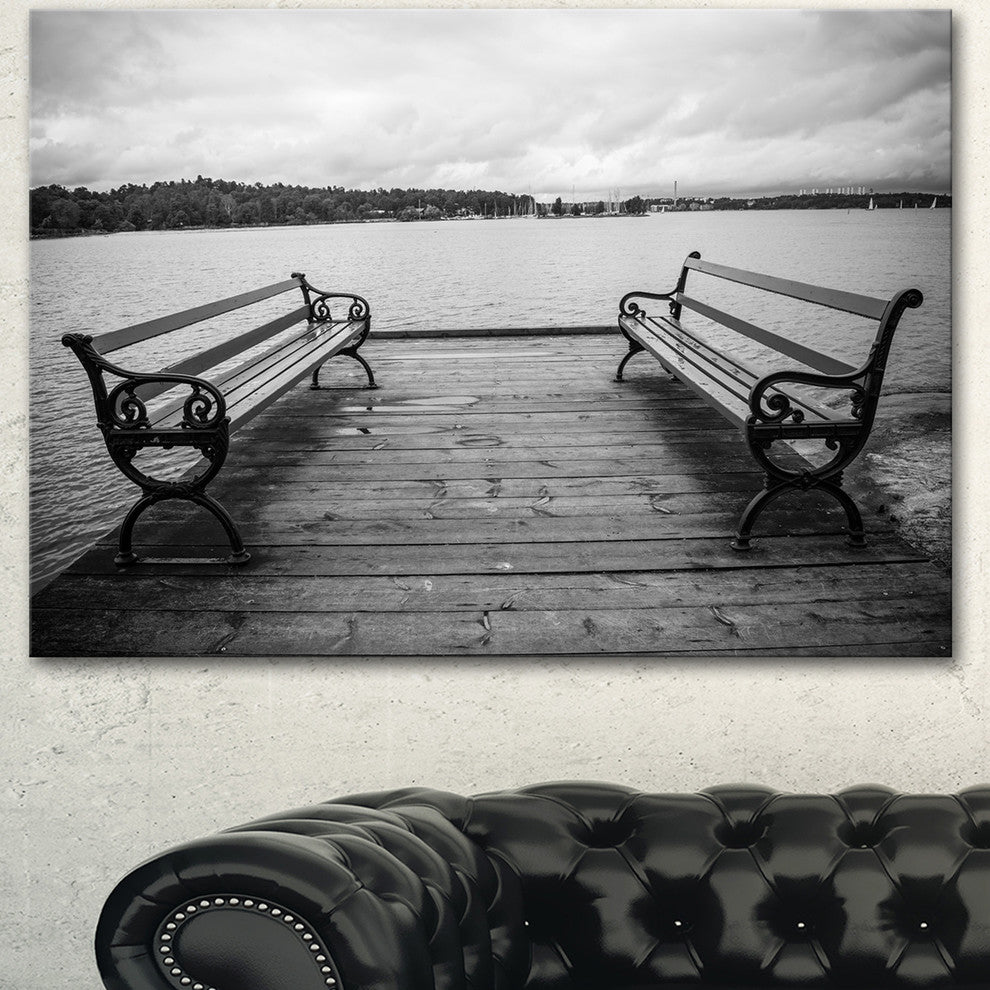 Benches on Bridge by Water Side, Bridge Canvas Art Print, 60"x28"