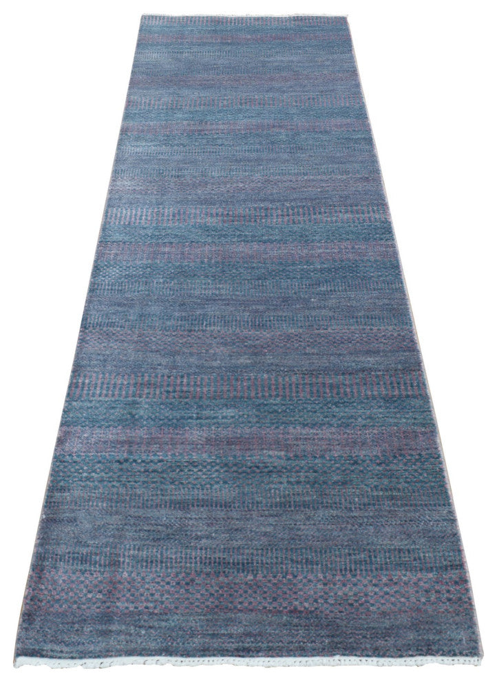 Midnight Green Wool and Silk Grass Design Hand Knotted Runner Rug 2'7"x8'10"