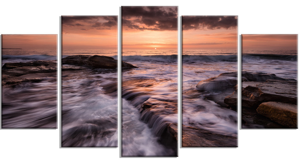"Exotic Flow of Waters Over Rocks" Seascape Wall Art, 5 Panels, 60"x32"