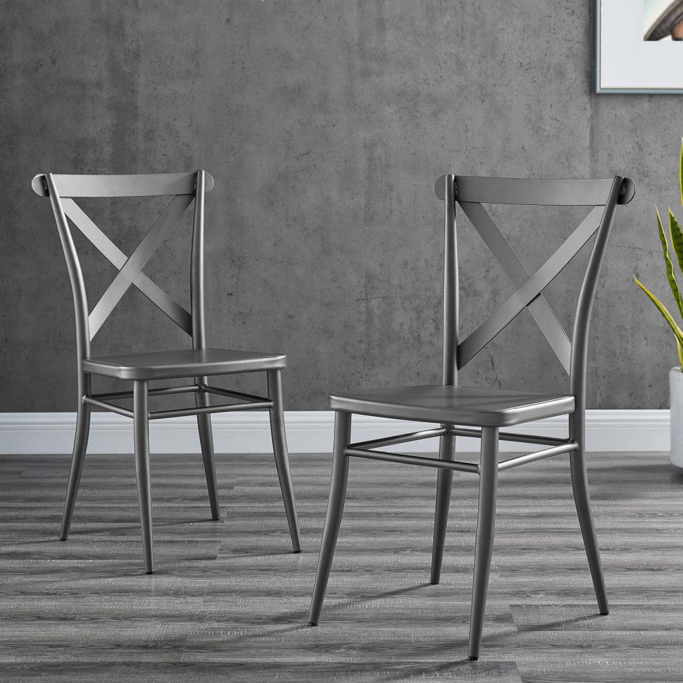 Side Dining Chair, Set of 2, Metal, Gunmetal Silver, Modern, Bistro Restaurant