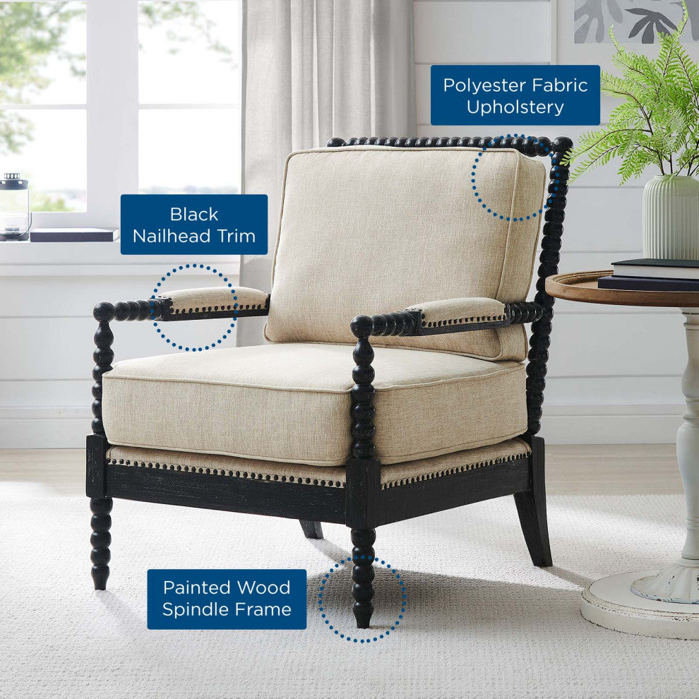 Armchair Accent Chair, Nailhead, Beige Black, Fabric, Modern, Cafe Hospitality