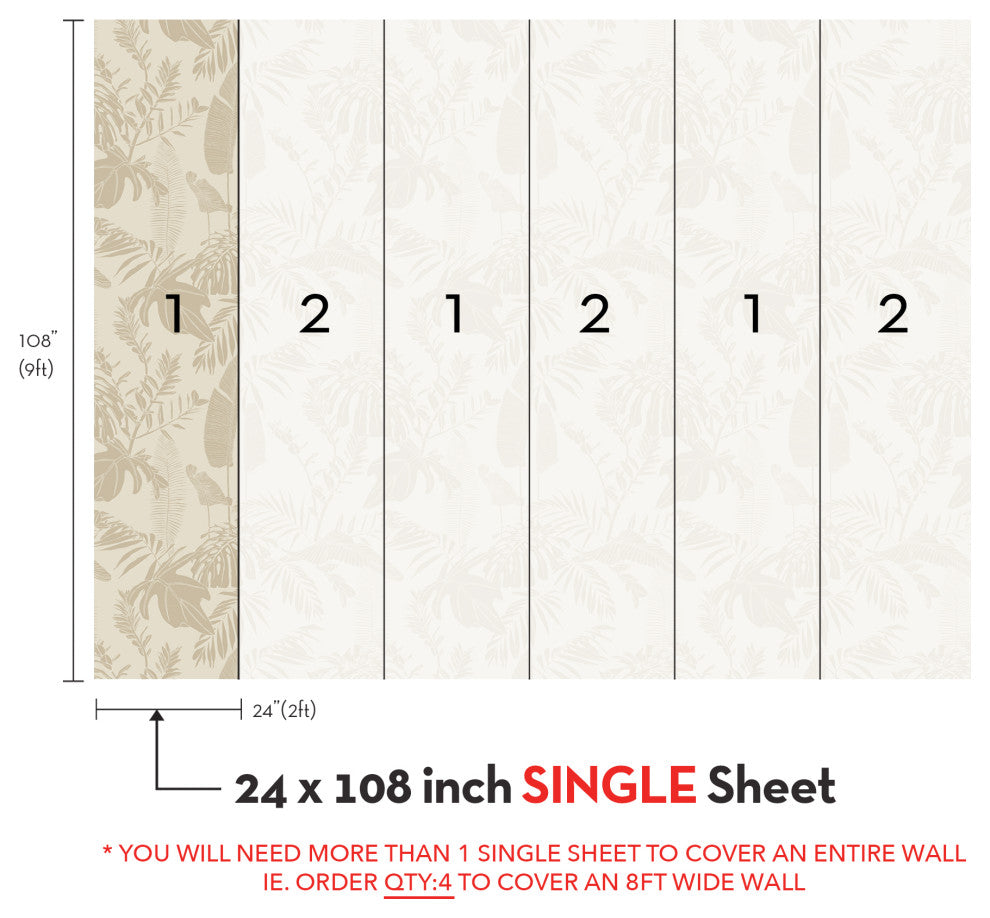 Hand Drawn Jungle Leaves Vinyl Peel and Stick Mural, Beige, 24"x108", Single