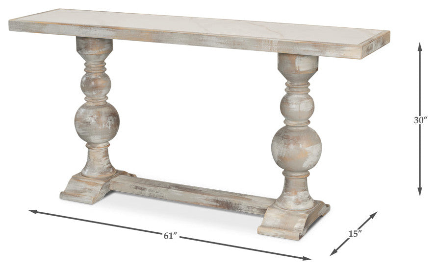 Double Pedestal Console Table Distressed White Solid Wood