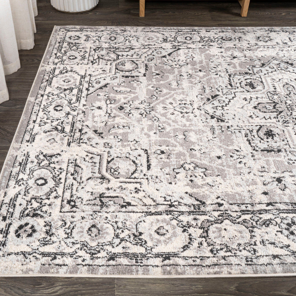 Denia Ornate Geometric Medallion Area Rug, Dark Gray, 2 X 8