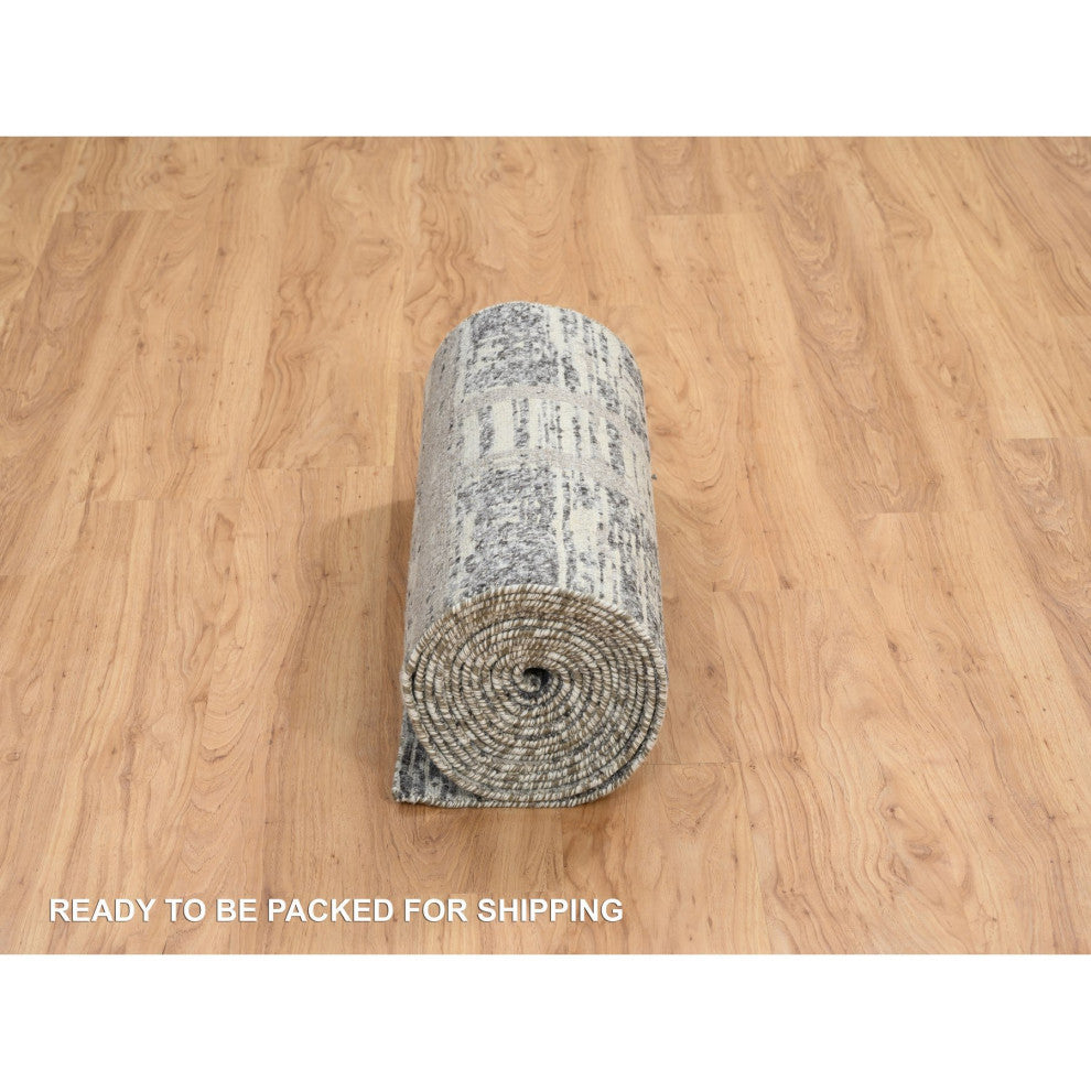 Gray, Modern Design, Natural Wool, Hand Knotted XL Runner Rug, 2'6"x20'0"