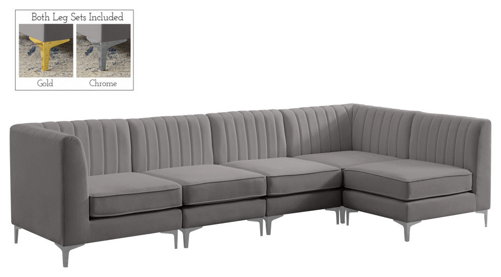 Alina Velvet Modular L-Shaped Modular Sectional, Grey, 5-Piece: 3 Armless Chair, 2 Corner Chair