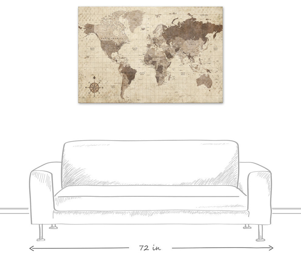 Distressed World Map Canvas Wall Art, 32"x48"