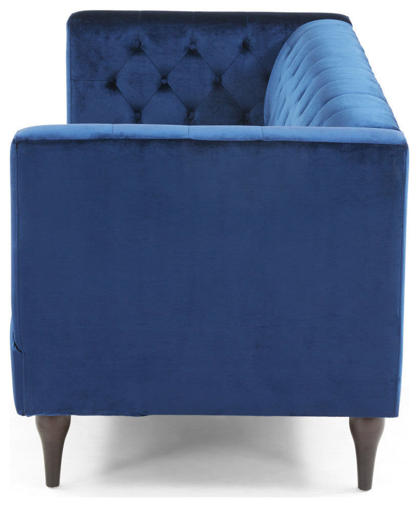 Admiral Contemporary Tufted 3-Seater Sofa, Midnight Blue/Espresso/Gold, Midnight Blue/Espresso/Gold