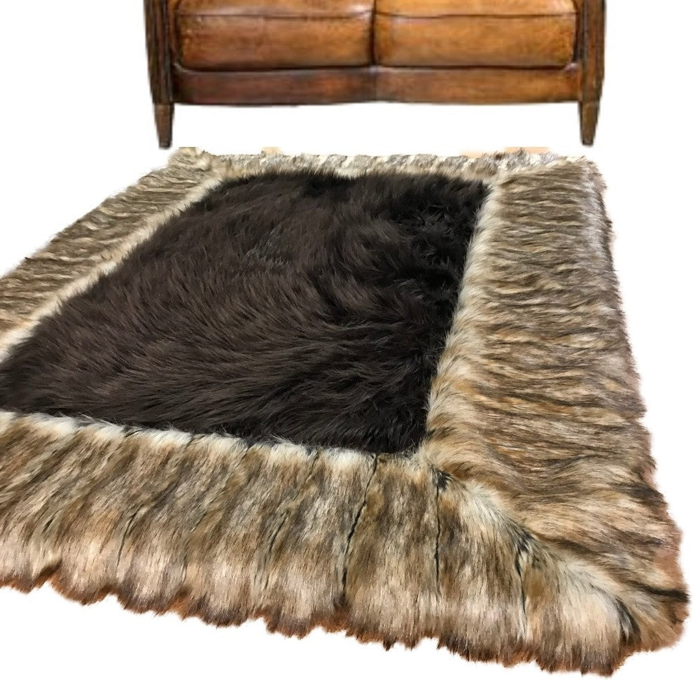 Brown Shag Faux Fur Area Rug - Brown Ribbed Fox Border Handmade Fur Accents USA