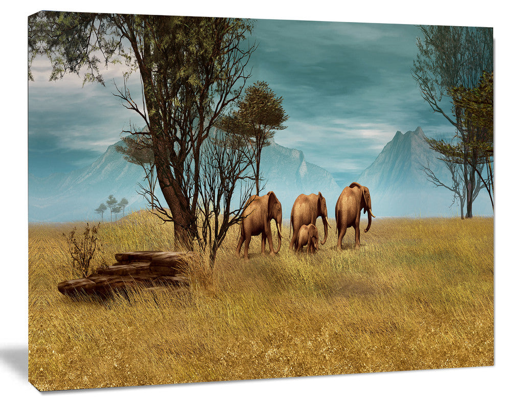 African Elephants Panorama, African Canvas Art Print, 20"x12"