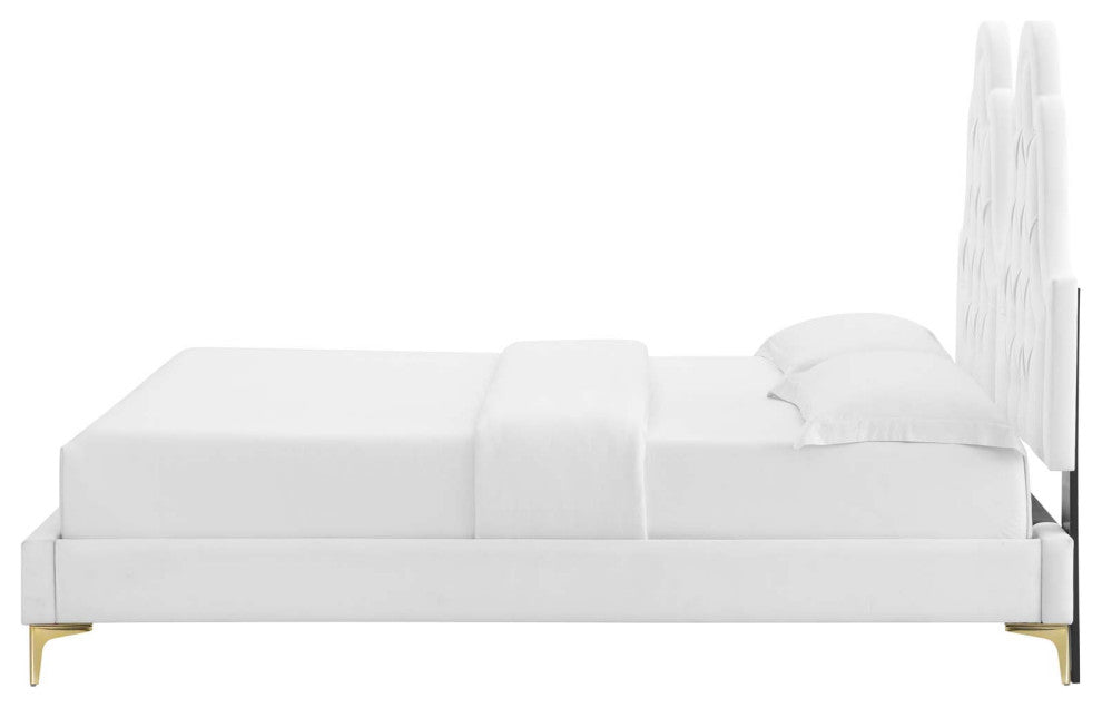 Tufted Platform Bed Frame, Full Size, Velvet, White, Modern Contemporary