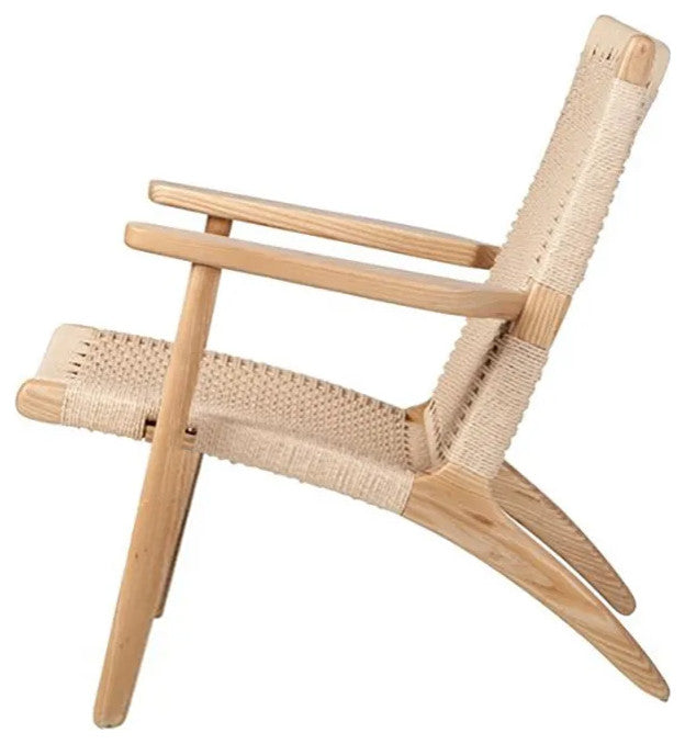 Japandi Wood Outdoor Patio Lounge Chair Armchair Kraft Paper Rope Woven Seat