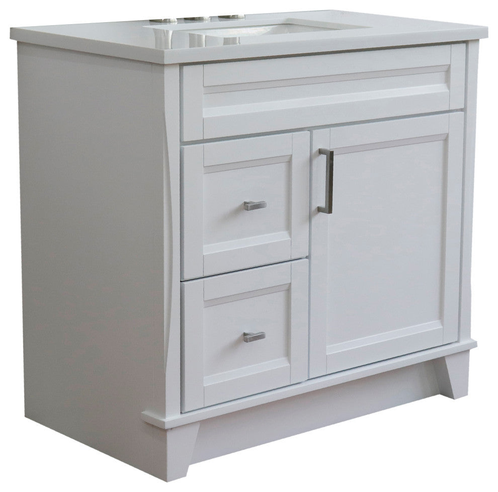 37" Single Sink Vanity, White Finish With White Engineered Stone Top