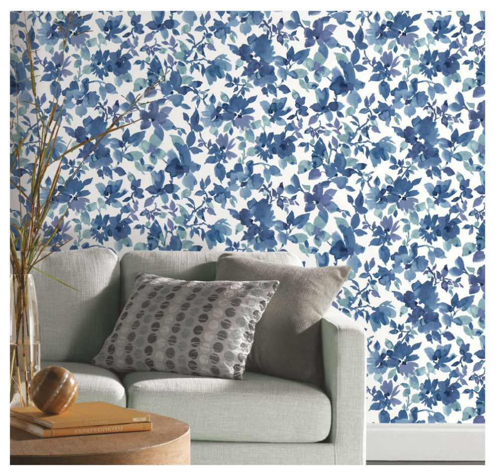 Watercolor Floral Peel and Stick Wallpaper, Blue and White