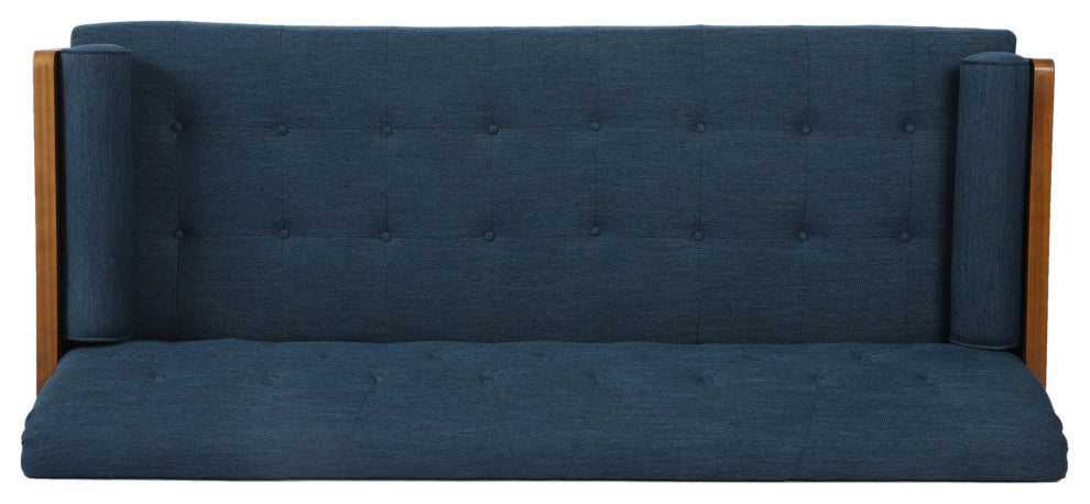 GDF Studio Aidan Mid Century Modern Tufted Fabric Sofa, Navy Blue/Dark Walnut