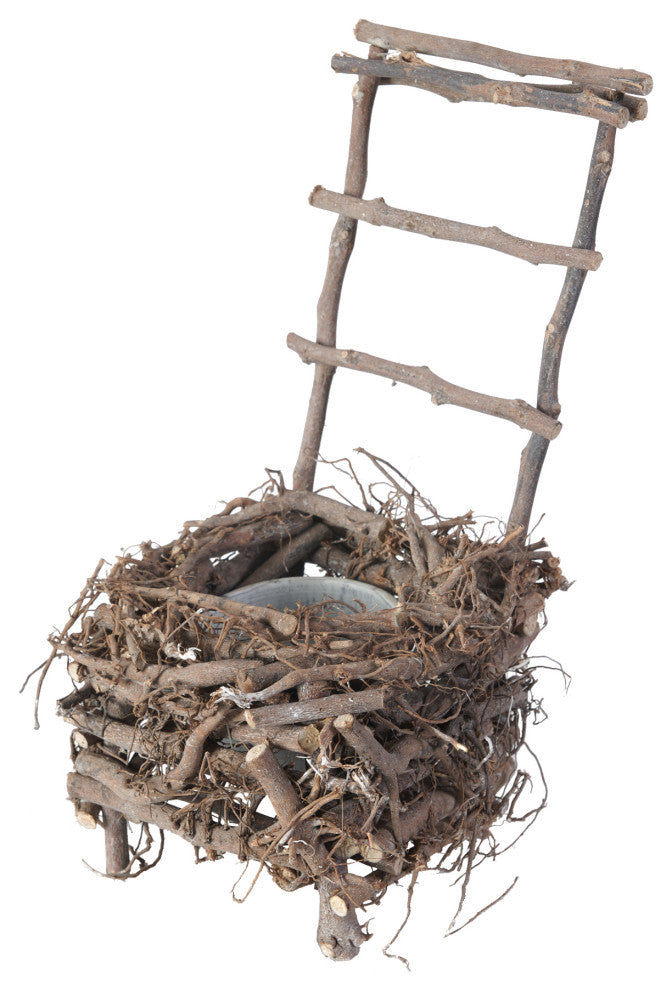 Benzara BM200899 Nature Inspired Wooden Nest Planter With Clay Pot, Gray/Brown