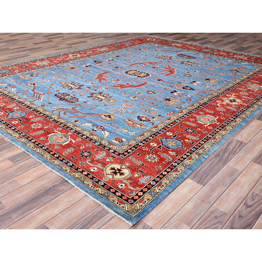 Blue, Extra Soft Wool, Afghan Peshawar, Hand Knotted, Oriental Rug, 9'x11'6"