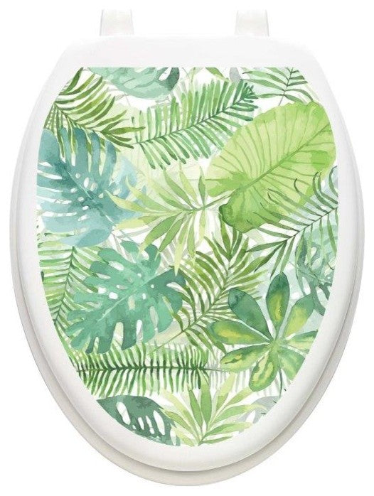 Palm Leaves Toilet Tattoos Seat Cover, Vinyl Lid Decal, Coastal Bathroom Decor, Elongated