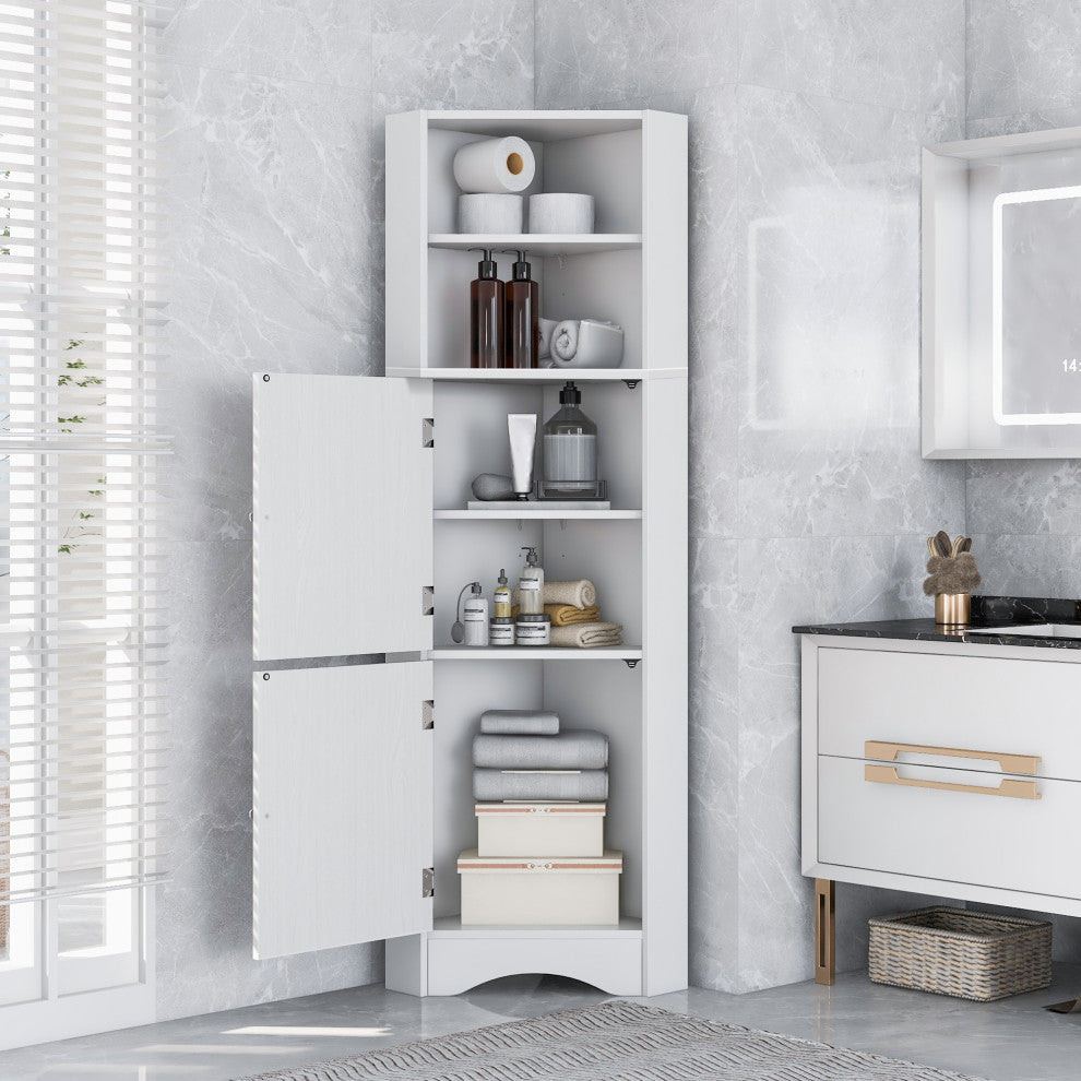 TATEUS Tall Bathroom Corner Cabinet, Freestanding Storage Cabinet With Doors, White