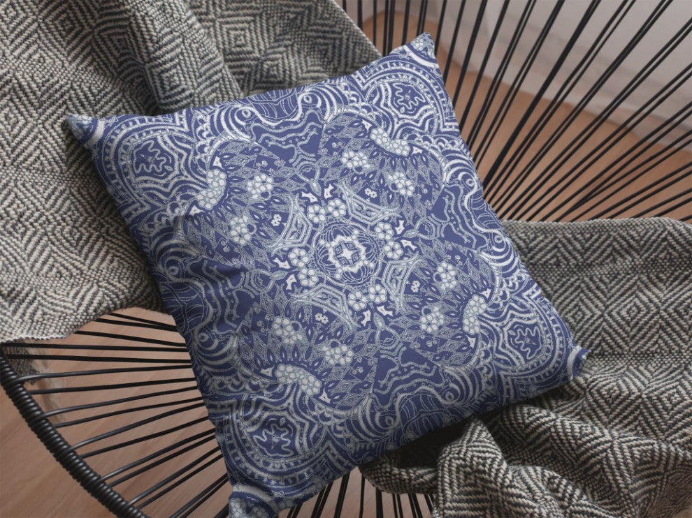 16" Indigo White Boho Ornate Zippered Suede Throw Pillow