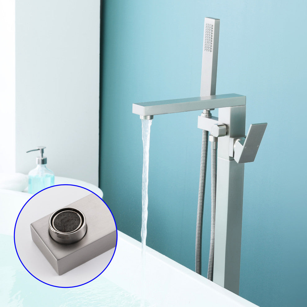 Wellfor Waterfall Floor Mounted Tub Faucet With Hand Held Shower, Brushed Nickel
