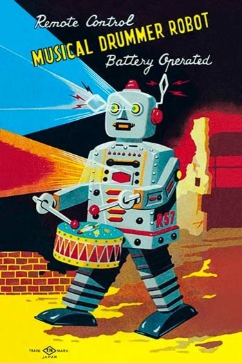 Musical Drummer Robot- Gallery Wrapped Canvas Art 28" x 42"
