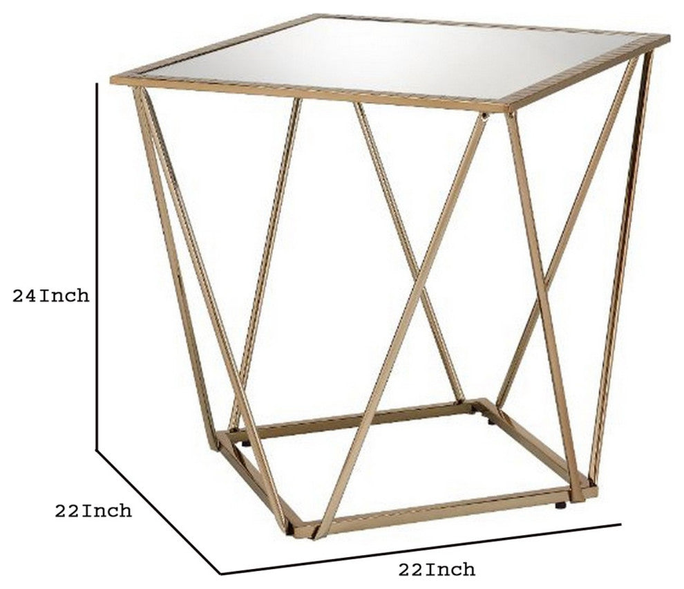 Benzara BM250672 End Table With Mirror Top/Open Geometric Base, Champagne Gold
