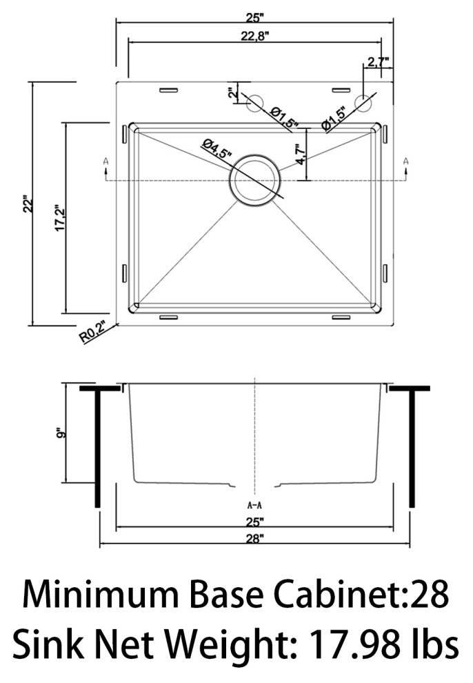 Sinber Single Bowl Kitchen Sink with 304 Stainless Steel Satin Finish, 25"x22"x9", Drop in