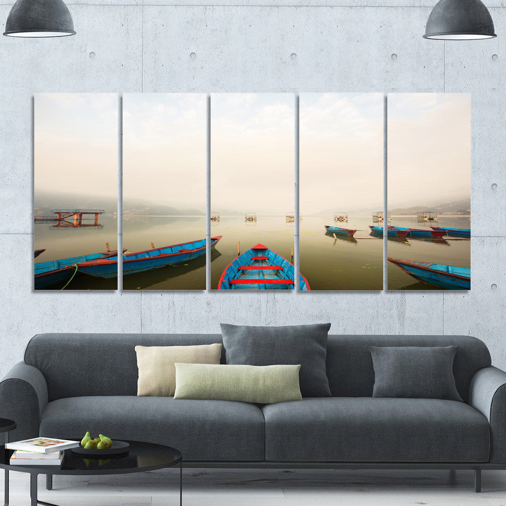 Moving Boats in Mountain Lake, Boat Canvas Art Print, 60"x28", 5 Panels