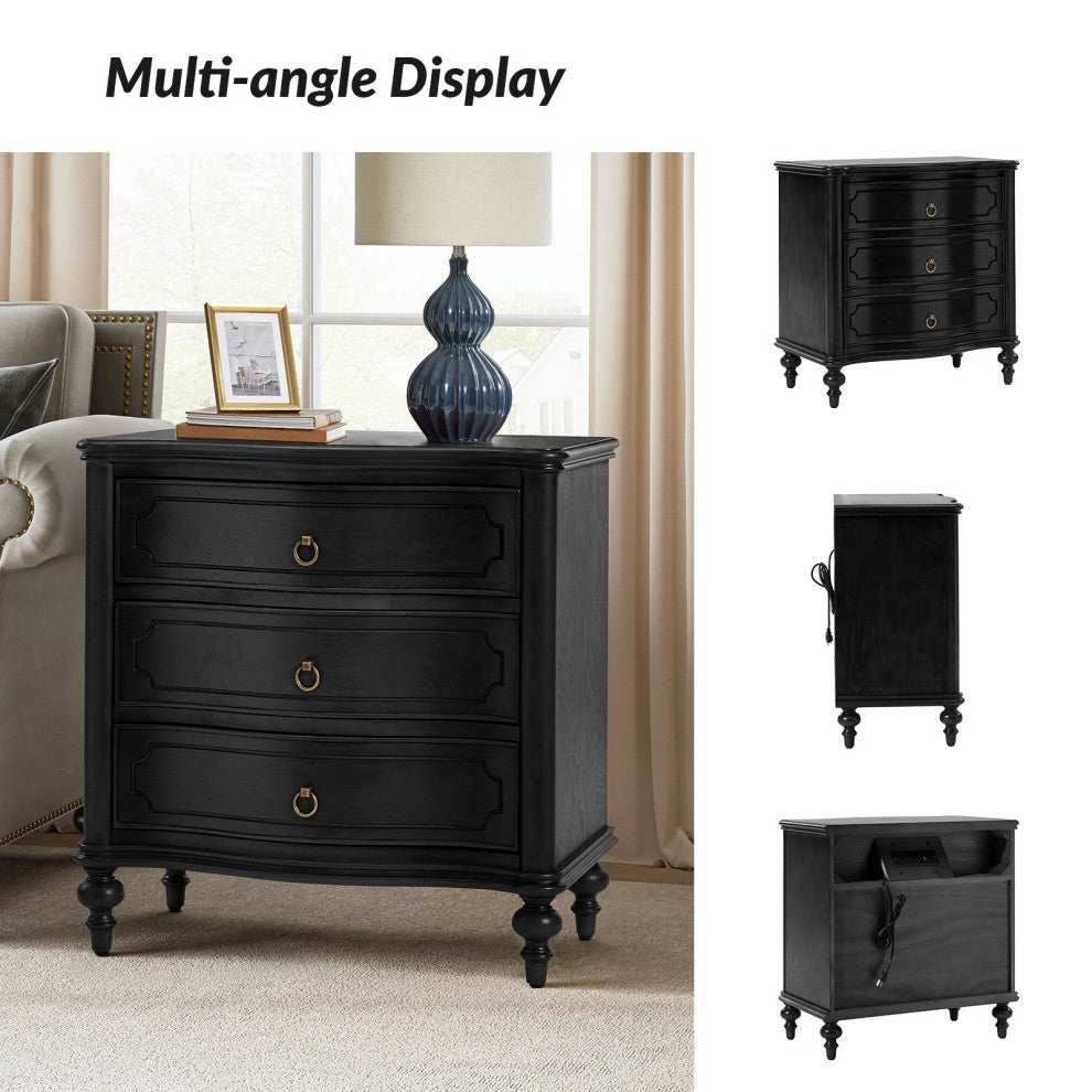 3-Drawer Nightstand With Solid Wood Legs and Built-In Outlets, Set of 2, Black