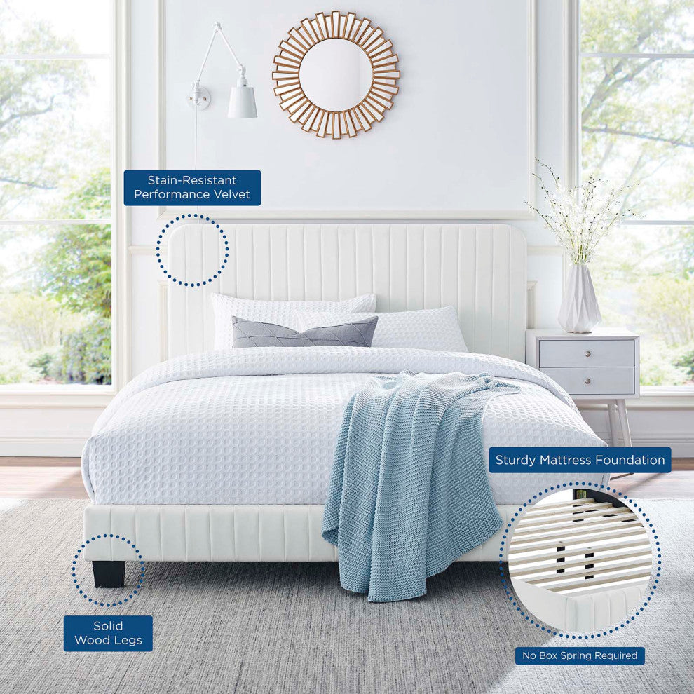 Celine Channel Tufted Performance Velvet Twin Platform Bed, White