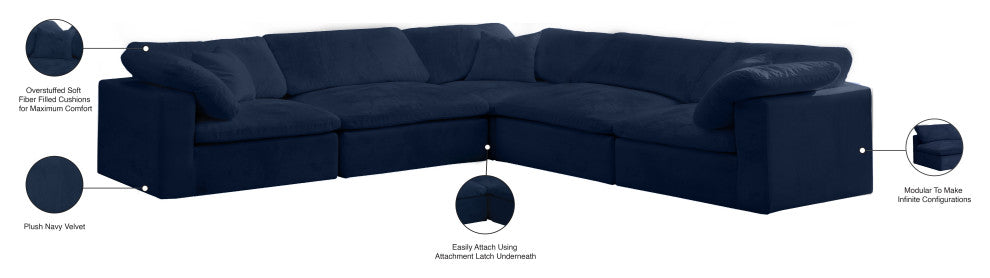 Cozy Velvet Upholstered Comfort L-Shaped Modular Sectional, Navy, 5-Piece: 2 Armless Chair, 3 Corner Chair