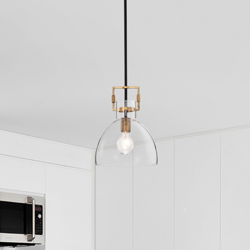 1-Light Black and Antique Gold 10 in. Bowl Glass Pendant