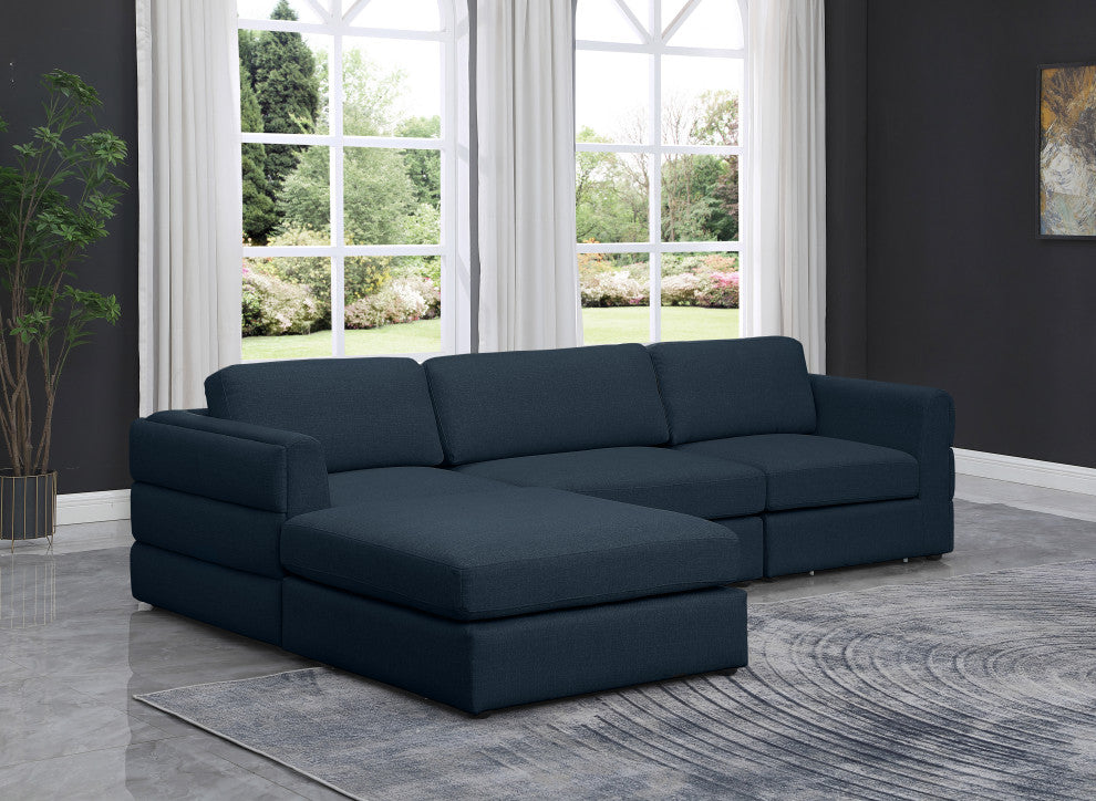 Beckham Linen Textured Fabric 4-Piece Modular L-Shaped Sectional, Navy