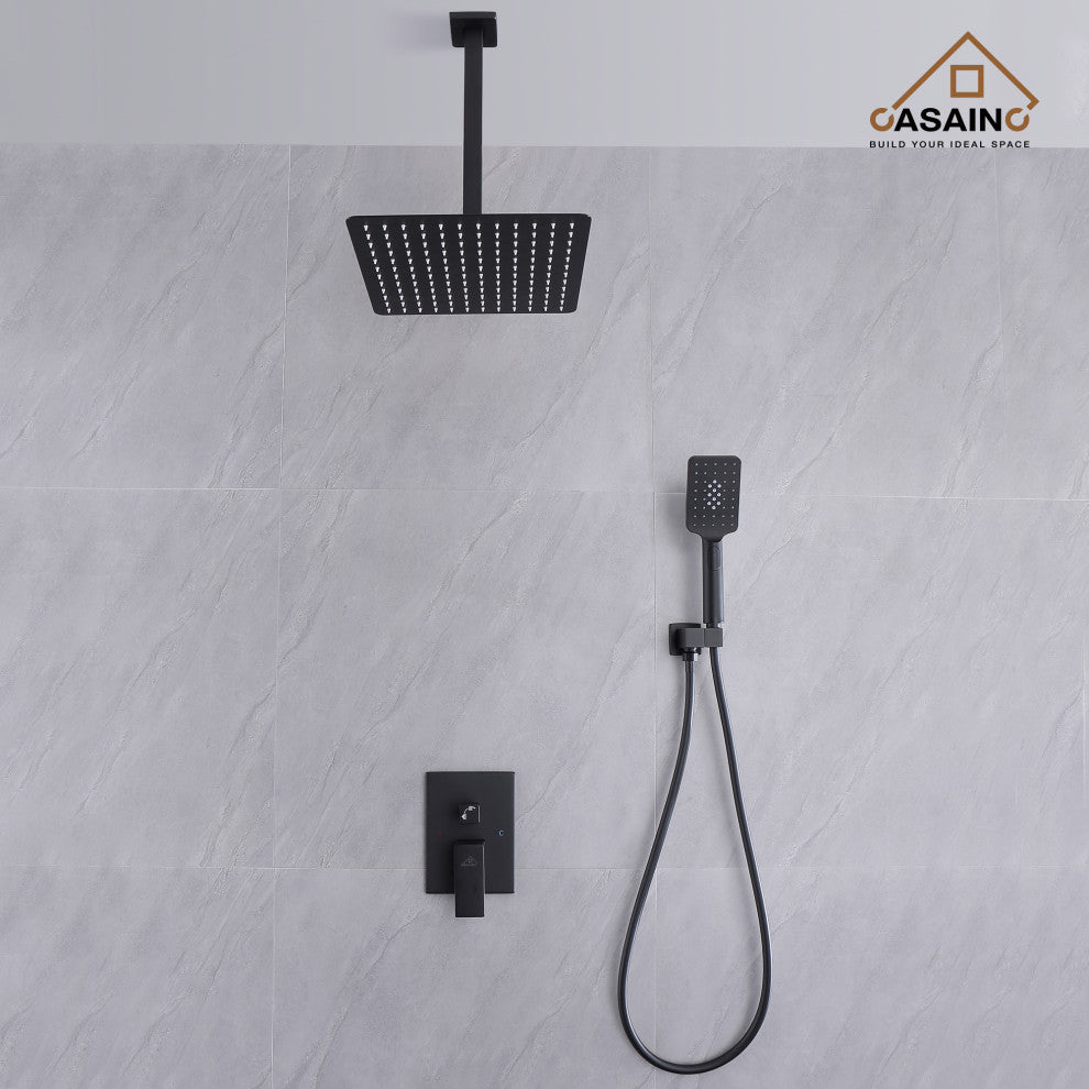 CASAINC 12" Ceiling Mounted Modern Waterfall Shower System Set, Matte Black