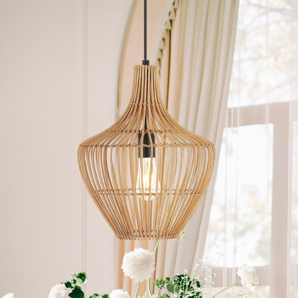 Nova 20.25" 1-Light Rattan 180" Plug-In or Hardwired LED Pendant, Brown, Lucas