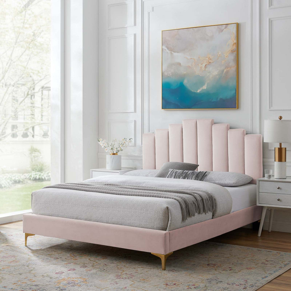 Platform Bed Frame, Full Size, Velvet, Pink, Modern Contemporary, Bedroom Master