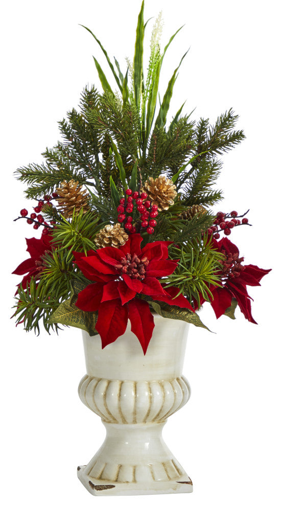 28" Poinsettia, Grass and Succulent Artificial Arrangement, White Urn