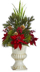 28" Poinsettia, Grass and Succulent Artificial Arrangement, White Urn