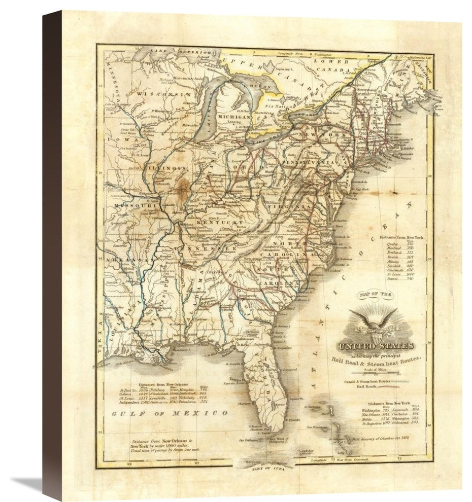 "Map of The United States, 1845" Canvas Giclee by John Warner Barber, 18"x22"