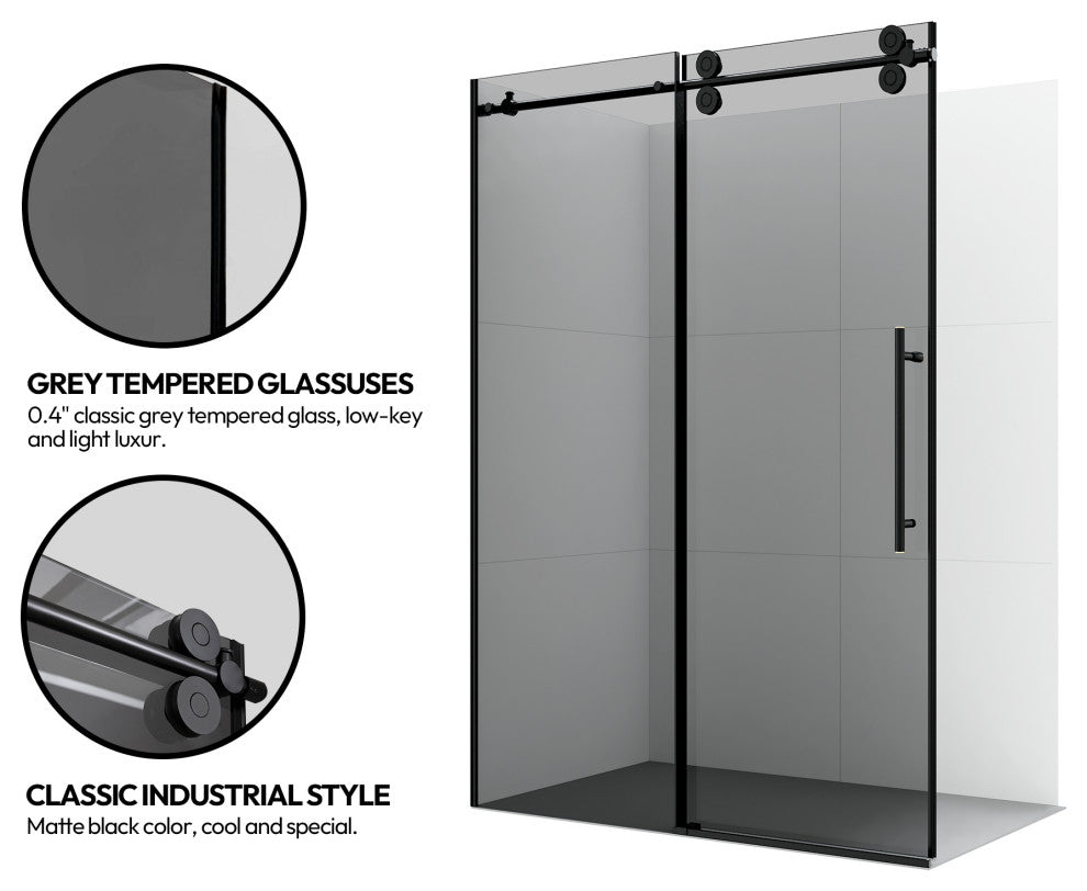 Echarri Single Sliding Frameless Shower Door, Tinted Glass, Matte Black, 48" W X 78"h