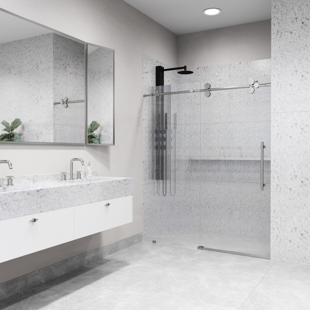 VIGO Elan 68" to 72" W x 74" H Frameless Sliding Shower Door, Stainless Steel, Right, Fluted Glass