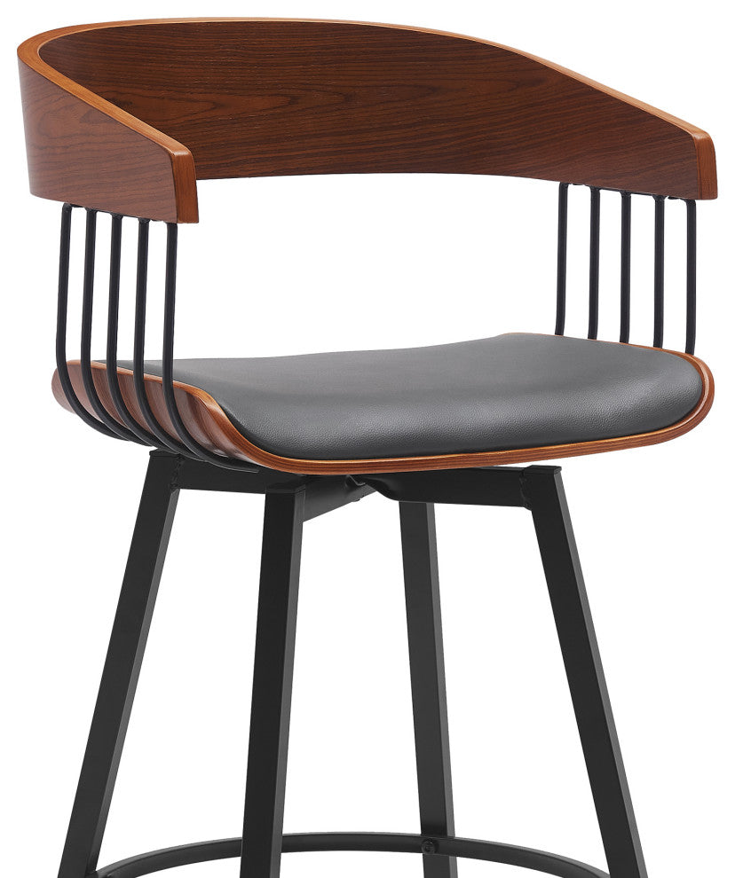 Athena 27" Swivel Walnut Wood Counter Stool Gray Faux Leather With Black Metal, 31